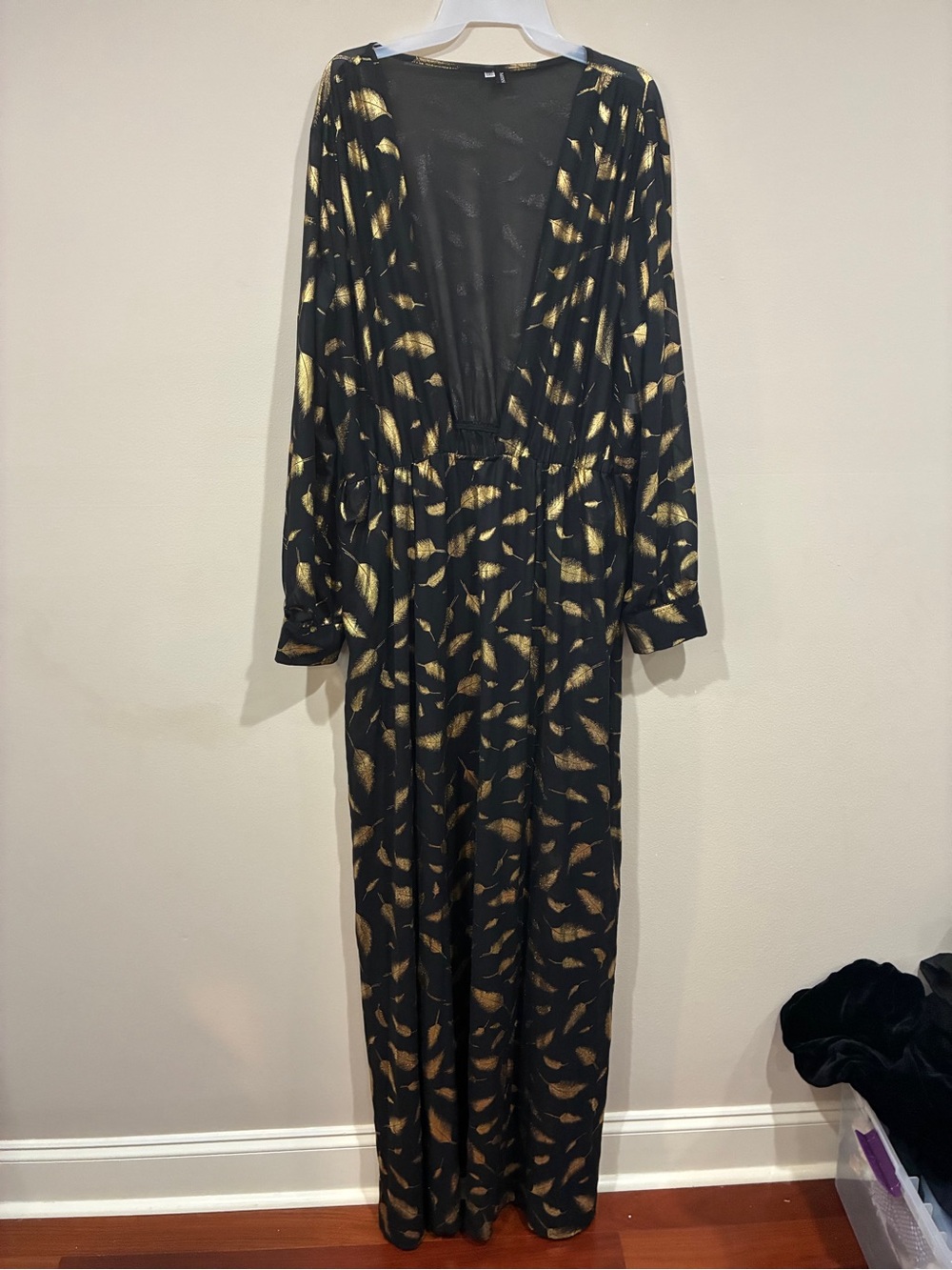 Black Maxi Dress with Gold Leaf Print